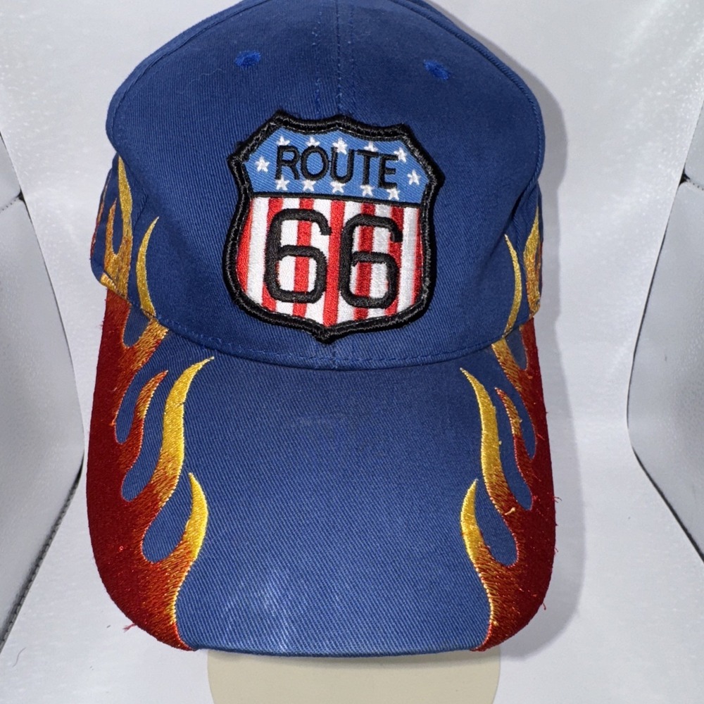 Vintage Route 66 Embroidered Flames Strap Back Cap Hat
